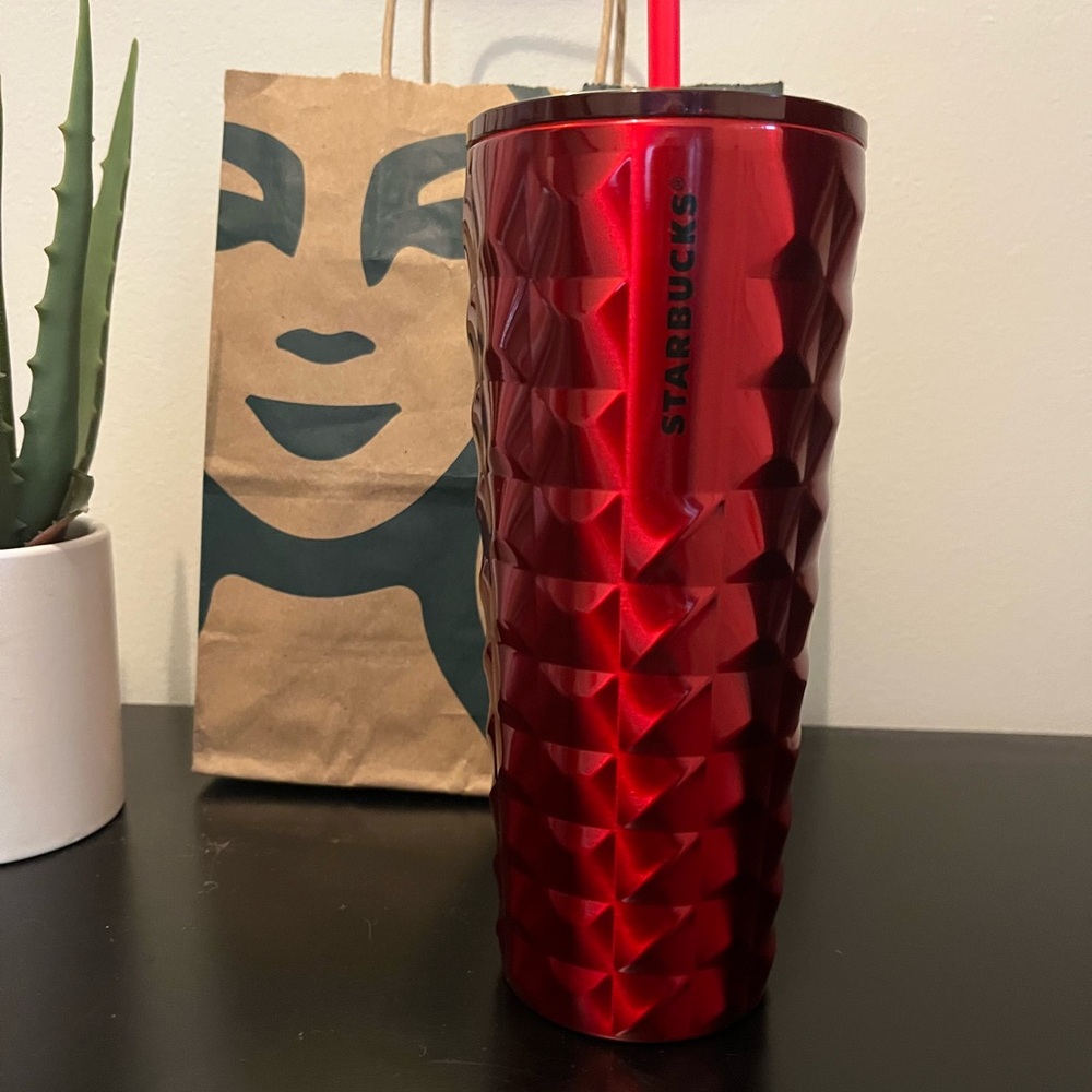 Starbucks Metallic Red/ Burgundy Textured Straw Tumbler NWT